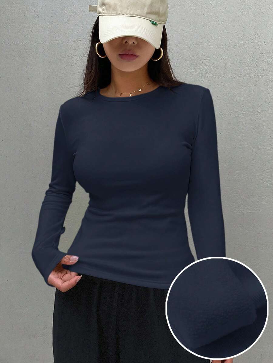 DAZY 女款休閒純色抓絨內層保暖T恤，秋冬款 - 藏蓝色 - 查看 1