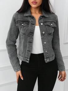 Women Single Breasted Casual Denim Jacket, Versatile For Autumn