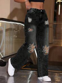 Quần jeans ống đứng dáng rộng phong cách cổ điển dành cho nữ - màu đen - Xem 3