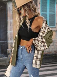 SHEIN LUNE Casual Plaid Patchwork Regular Jacket, Spring/Autumn - Olive Green - View 4