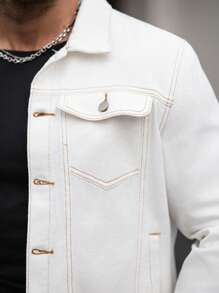 Manfinity Homme Men's Casual Versatile White Fitted Denim Jacket - Light Wash - View 6