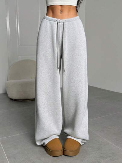 SHEIN EZwear Plus Size Women's Drawstring Waist Gray Wide Leg Sweatpants, Casual Graduation,Back To School Outfits,Graduation,Teacher Outfits For Women,Back To School