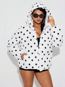 SHEIN SXY Women's Polka Dot Print Pocket Lined Padded Coat, Winter; Casual Daily Winter Thickened Warm Jacket Hollow Clothing Thanksgiving Women's Winter Clothing Winter Women's Jacket Winter Women's Coat, Light And Casual