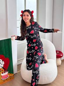SHEIN Teen Girl Heart & Letter Graphic Round Neck Long Sleeve, Loose Casual Comfortable 2 Pcs Pajama Set, Suitable For Valentine's Day