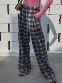 DAZY Women's Plaid Loose Casual Long Pants, Blue, All Season - Blue - View 3