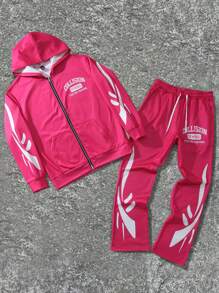 Manfinity EMRG Men's Autumn Letter Print Long Sleeve Zip-Up Hooded Sweatshirt And Sweatpants Casual Suit - Pink - View 2