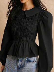 Poéselle 女式纯色彼得潘领荷叶边下摆长袖衬衫