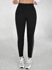 Flirla Thermal Lined Side Seam PU Leather Splice Black Leggings, Slimming Fall Cloth For Women - Black - View 4