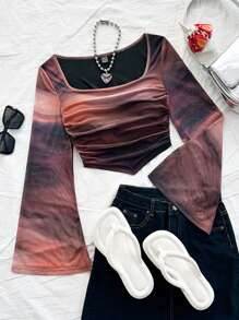 Soleia Casual Vacation Knit Mesh Tie-Dye Tie Dye Print Square Neck Long Flare Sleeve Slim Cute T-Shirt