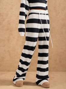 Forever 21 女士冬季蓝白条纹休闲家居针织毛衣裤 - 藍白色 - 查看 5
