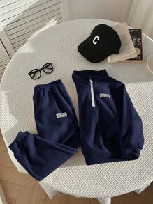 SHEIN 2pcs/Set Young Boys Casual Minimalist Outfit, Fleece Thickened, Suitable For Autumn/Winter - Navy Blue - View 3