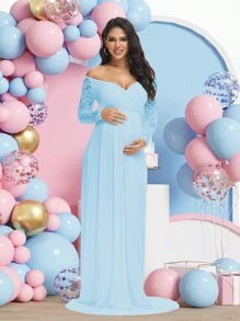 Maternity Lace V-Neck Long Sleeve Dress/Long Gown, Suitable For Photography, Baby Shower And Other Occasions - Baby Blue - View 1