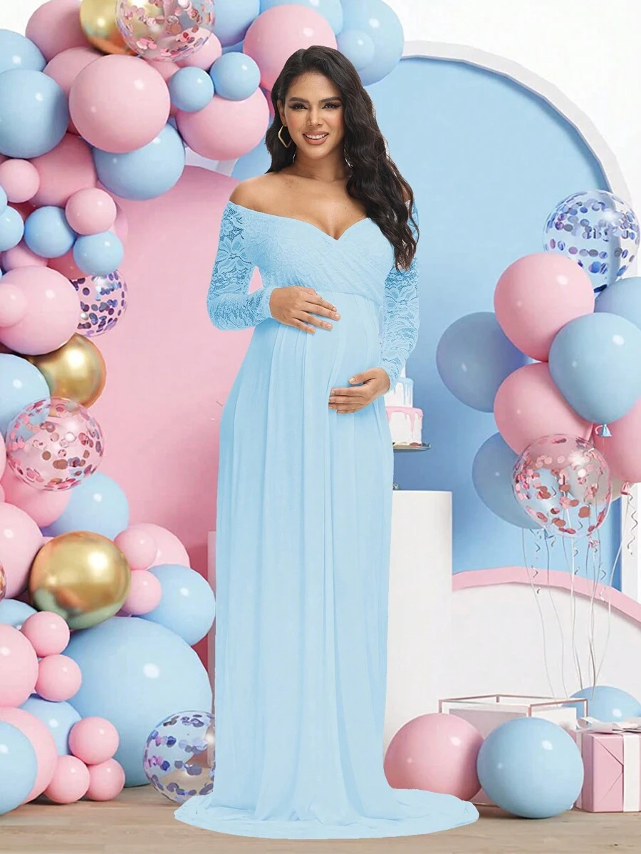 Maternity Lace V-Neck Long Sleeve Dress/Long Gown, Suitable For Photography, Baby Shower And Other Occasions - Baby Blue - View 1
