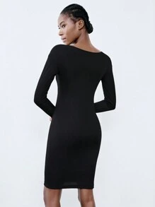 Chiquease Vestido de manga larga, hombros descubiertos, cadena de perlas, elegante, sexy, casual/de oficina, de media longitud, para mujer, de material de punto elástico de unicolor, de primavera/otoño