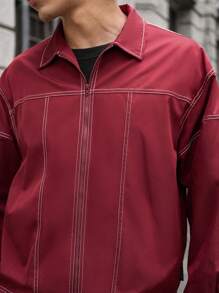 Manfinity VCAY Loose Solid Color Half-Placket Young Casual Short Sleeve Woven Shirt For Men, Urban Vintage Zipper Jacket Long Sleeve Dark Red Jacket, For Friends, Husband, Boyfriend Gifts