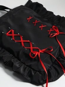 ROMWE Kawaii 1pc Cute Black Ruffle Edge Tote Bag With Red Bow Ribbon Decor, Suitable For Women And Students Daily Use, Valentine's Day/Birthday/Holiday Gift - Multicolor - View 4