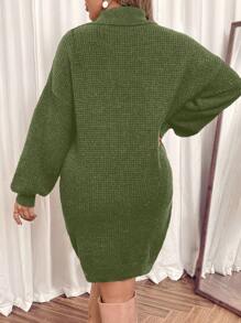 SHEIN Clasi Plus Size Women's Turndown Collar Long Lantern Sleeve Loose Elegant Work Casual Knit Sweater Dress, Winter