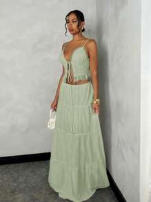 SHEIN BAE Women's Summer Beach Resort Romantic Date Everyday Wear Camisole Lace Splice Tie-Up Top + Low Waist Ruched Long Vacation A-Line Dress, White Linen Fabric Set - Mint Green - View 4