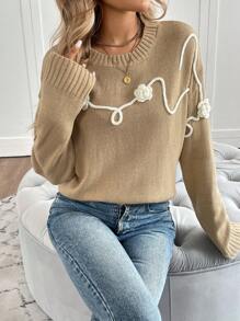 Chiquease Women Contrast Color Round Neck Casual Long Sleeve Pullover Sweater With 3D Flower Decor Knit Pullover Fall Winter - Khaki - View 4