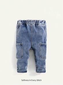 Cozy Pixies Baby Boy Fashion Casual Blue Denim Cargo Pocket Design Loose Straight Leg Jeans Boys Cool Outfit/Boys Thanksgiving Outfit For Boys Costume Dailywear And Fall/Winter Kids Clothes - Blue - View 1