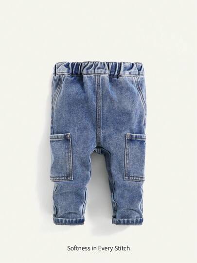 Cozy Pixies Baby Boy Fashion Casual Blue Denim Cargo Pocket Design Loose Straight Leg Jeans Boys Cool Outfit/Boys Thanksgiving Outfit For Boys Costume Dailywear And Fall/Winter Kids Clothes