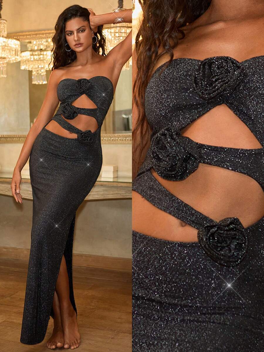 Opulessa Fall And Winter Party Christmas Sexy ElegantSolid Color Knitted Fitted Hollow Out Floral Decor Slit Women Long Dress, Suitable For Vacation - Black - View 1