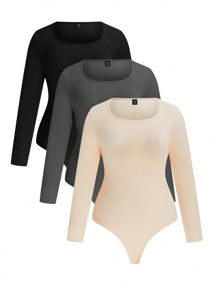 Calvaya Plus Size Solid Color Round Neck Slim Fit Casual All-In-One Bodysuit, Long Sleeve, For Winter - Multicolor - View 1