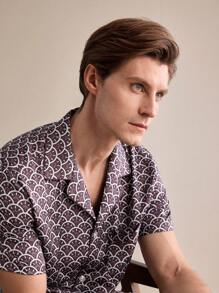 EverLounge Men's Comfy All-Over Print Front Button Shirt And Shorts Pajama Set, Autumn - Red - View 2