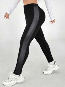 Flirla Thermal Lined Side Seam PU Leather Splice Black Leggings, Slimming Fall Cloth For Women - Black - View 6