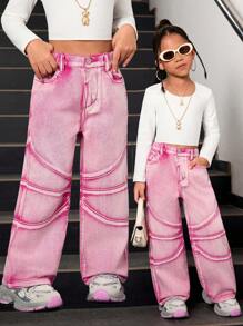 SHEIN Explorewe Young Girl New Fashionable Patchwork Design Faded Red Straight Leg Jeans - Hot Pink - View 1