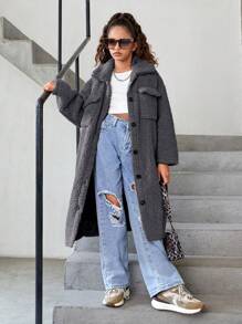 SHEIN Leap Crew Tween Girl's Comfortable Casual Loose Coral Fleece Mid-Length Fur Lapel Pocket Lapel Collar Long Sleeve Coat For Winter - Grey - View 6