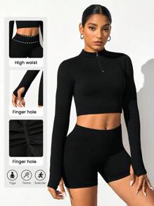 无缝女士运动套装，纯色长袖拉链上衣和短裤健身女士套装女士健身套装