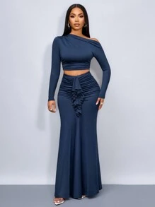 SOLERSUN 女士冬季服装优雅不对称领口细节上衣和美人鱼裙套装，适合圣诞派对度假和约会 - 藏蓝色 - 查看 1
