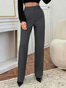 EURMUSE Women Elegant Solid Color High Waist Pants - Dark Grey - View 3