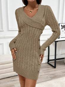 SHEIN Clasi Collared Long Sleeve Knit Sweater Dress, Comfortable - Khaki - View 4