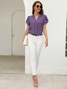 SHEIN Clasi Áo sơ mi thường ngày tay ngắn cổ chữ V, thời trang tối giản cho trang phục hàng ngày - Màu tím - Xem 5