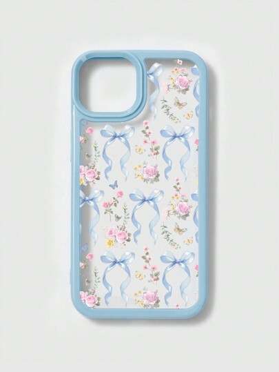 Kawaii قطعة واحدة من علبة الهاتف المتوافقة مع أيفون بتصميم ذو فوار أزرق أنيق وزخارف زهرية على خلفية بيضاء
