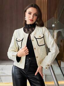 Modelyn Women's Elegant Floral Button Jacquard Textured Contrast Color Long Sleeve Jacket, Perfect For Commuting - Apricot - View 1