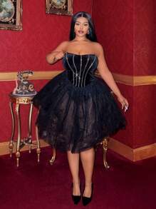 Slaydiva Elegant Rhinestone Decor Black Strapless Party Dress, Suitable For Holidays, New Year, Valentine's Day, Plus Size - Black - View 6