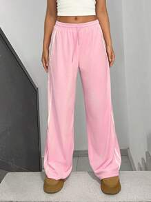 StreetHx Pantalones casuales de mujer con tela de terciopelo de unicolor y rayas laterales