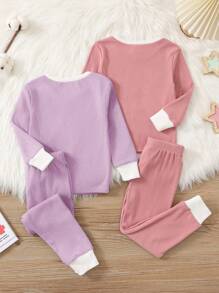SHEIN Leap Crew 4pcs Young Girl Snug Fit Casual Comfy Color Block Round Neck Long Sleeve Pajama Set - Purple - View 2