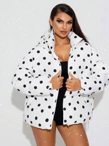 SHEIN SXY Women's Polka Dot Print Pocket Lined Padded Coat, Winter; Casual Daily Winter Thickened Warm Jacket Hollow Clothing Thanksgiving Women's Winter Clothing Winter Women's Jacket Winter Women's Coat, Light And Casual