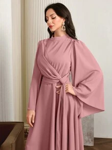 Modelyn 女士阿拉伯风格抽绳系带休闲连衣裙，简约日常穿着长款晚礼服，端庄 - 粉色 - 查看 3