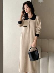 DAZY 女式高领长袖拼色长款毛衣连衣裙，秋冬款 - 杏色 - 查看 3