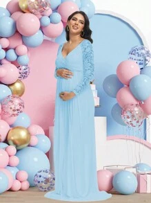 Maternity Lace V-Neck Long Sleeve Dress/Long Gown, Suitable For Photography, Baby Shower And Other Occasions - Baby Blue - View 6