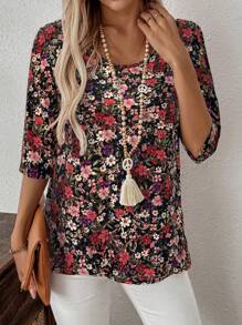 SHEIN LUNE Printed V-Neck Asymmetric Hem Shirt - Multicolor - View 6