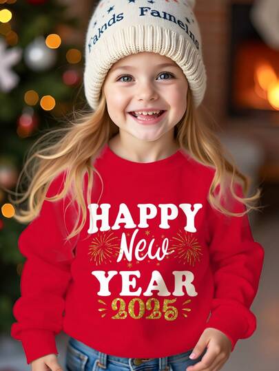 SHEIN 2025 Happy New Year, Festive New Year Atmosphere, Young Girls Casual Everyday Comfortable Thick Knit Long Sleeve Sweatshirt, Suitable For Autumn/Winter