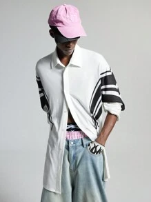 NEON BLANC Men's Woven Contrast Color Stripe & Numeral Print Long Sleeve Shirt - White - View 2