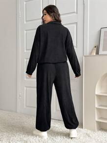 SHEIN EZwear 2 件大码纯色立领半拉链长袖上衣和裤子套装，秋冬 - 黑色 - 查看 2