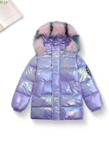 SHEIN Black Patent Leather Color Blocking Girls Long Boots - Purple - View 1